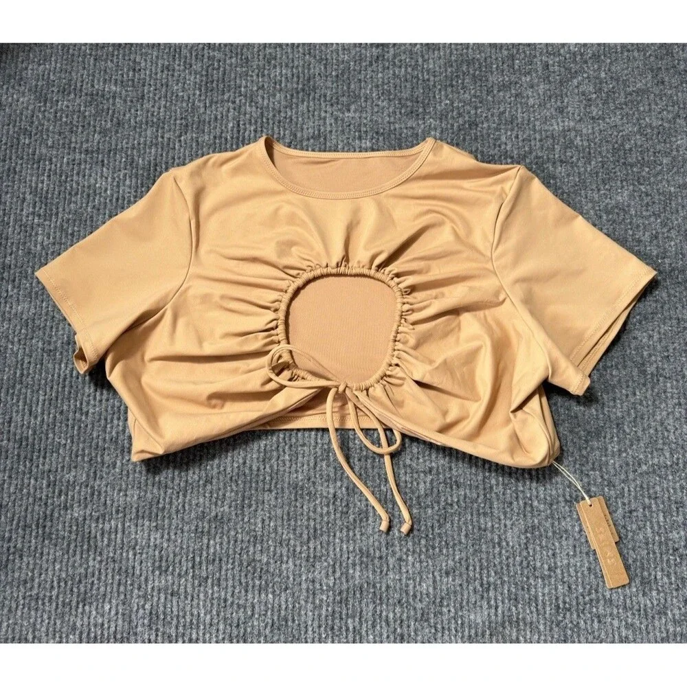 Skims Recycled Swim Size 4X Ruched T-Shirt Crop Top Keyhole Front Ochre